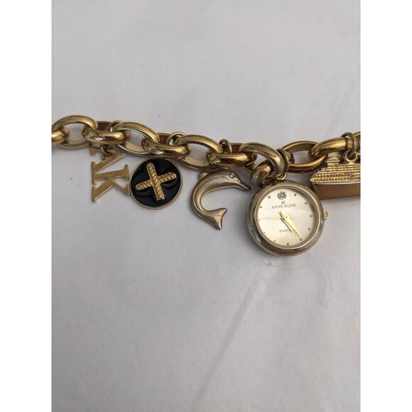 Anne Klein Charm Watch Gold Tone Chain Bracelet 7in Working - Picture 4 of 8
